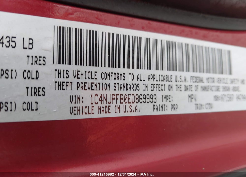 2014 JEEP PATRIOT LATITUDE VIN: 1C4NJPFB0ED869993