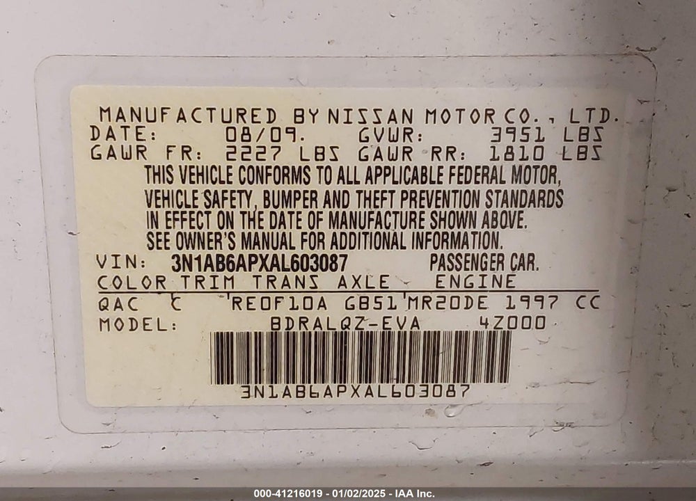 2010 NISSAN SENTRA VIN: 3N1AB6APXAL603087