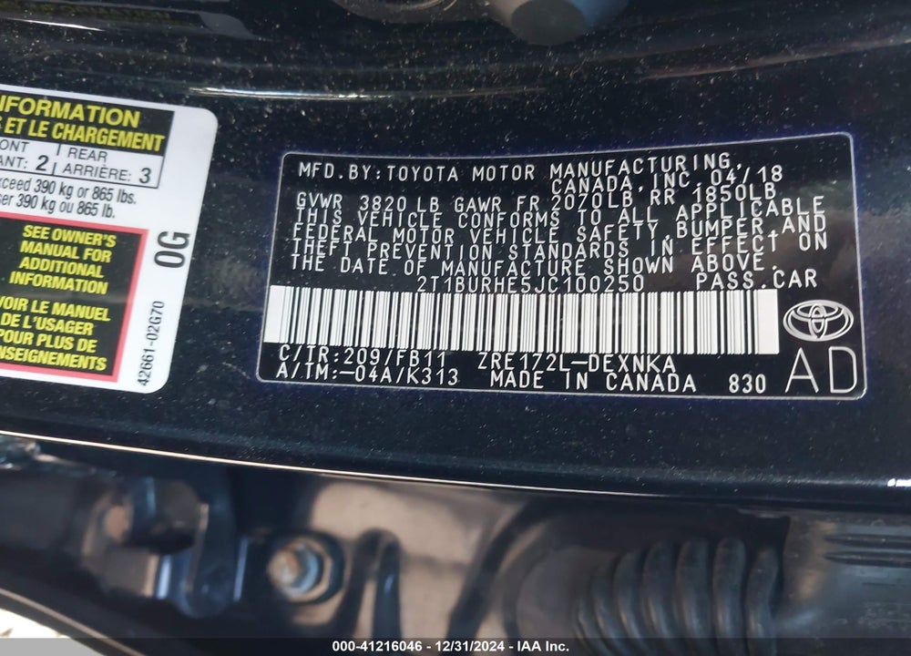 2018 TOYOTA COROLLA VIN: 2T1BURHE5JC100250