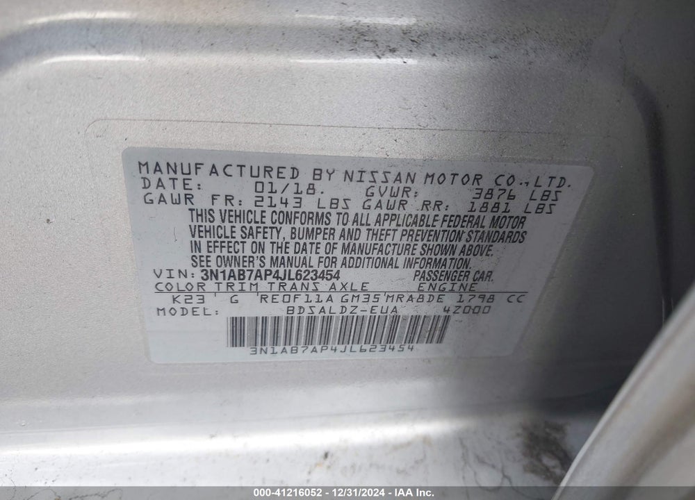 2018 NISSAN SENTRA SV VIN: 3N1AB7AP4JL623454