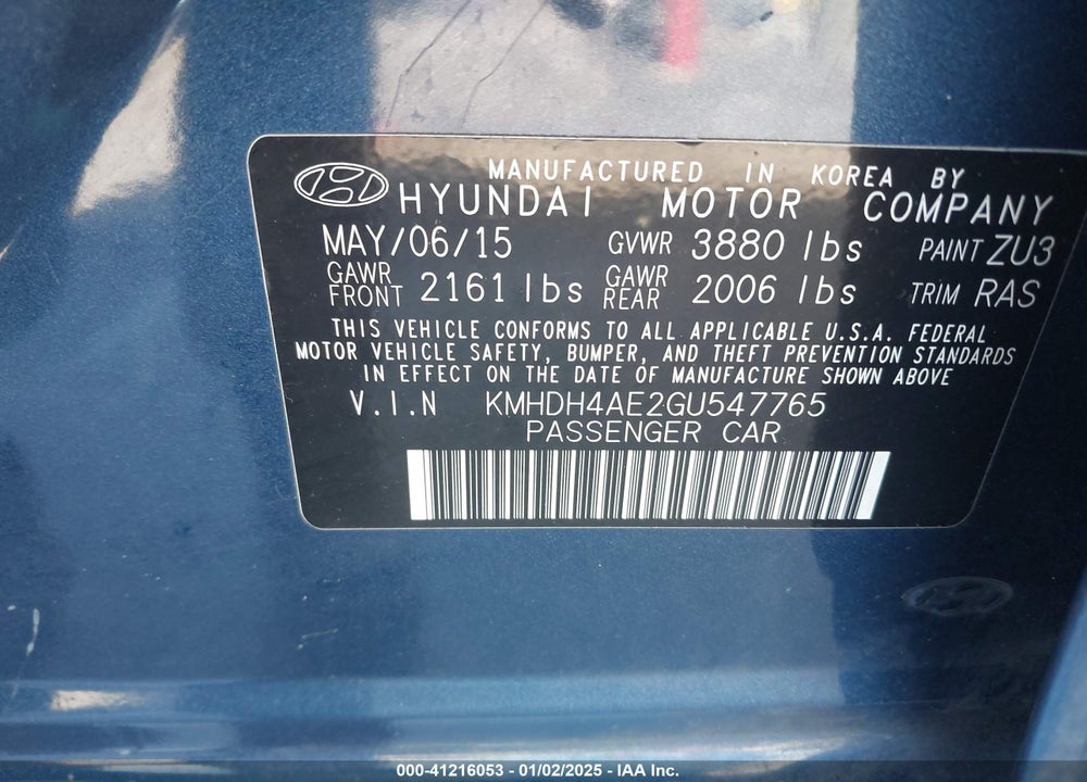 2016 HYUNDAI ELANTRA SE/SPORT/LIMITED VIN: KMHDH4AE2GU547765