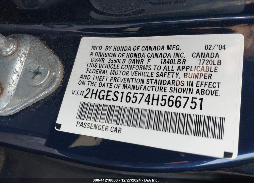 2004 HONDA CIVIC LX VIN: 2HGES16574H566751