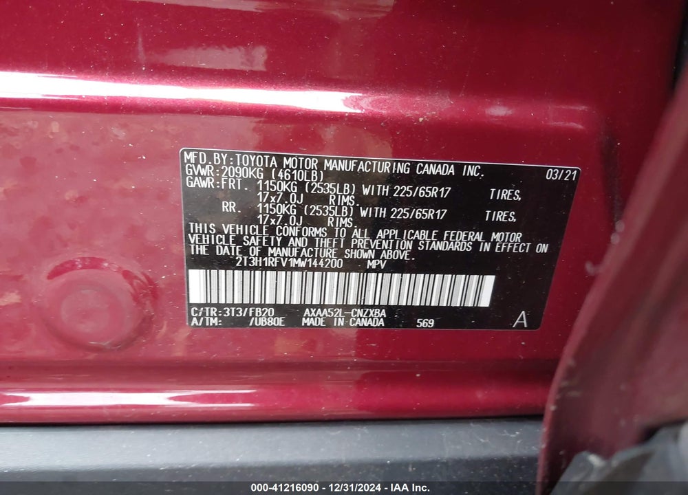 2021 TOYOTA RAV4 VIN: 2T3H1RFV1MW144200