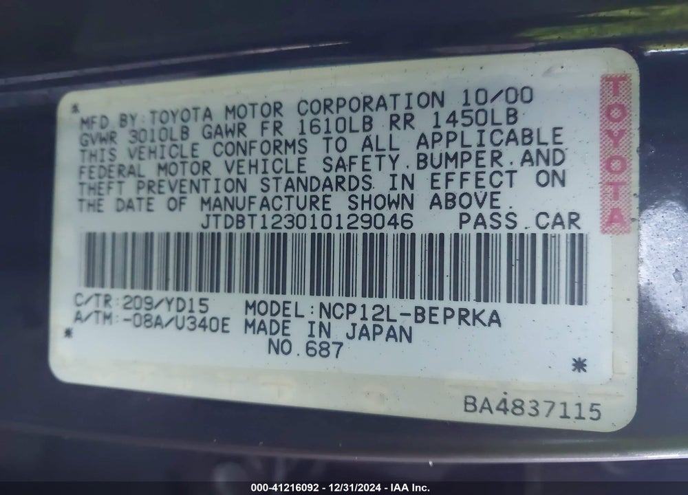 2001 TOYOTA ECHO VIN: JTDBT123010129046