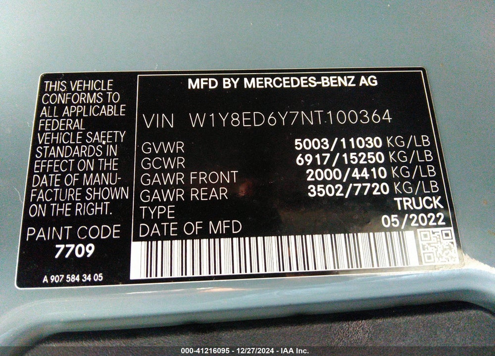 2022 MERCEDES-BENZ SPRINTER 3500XD HIGH ROOF V6 VIN: W1Y8ED6Y7NT100364