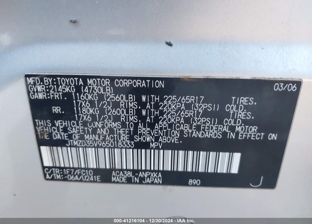 2006 TOYOTA RAV4 VIN: JTMZD35V965018333