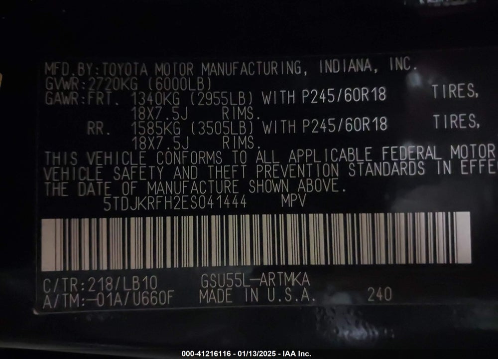 2014 TOYOTA HIGHLANDER XLE V6 VIN: 5TDJKRFH2ES041444
