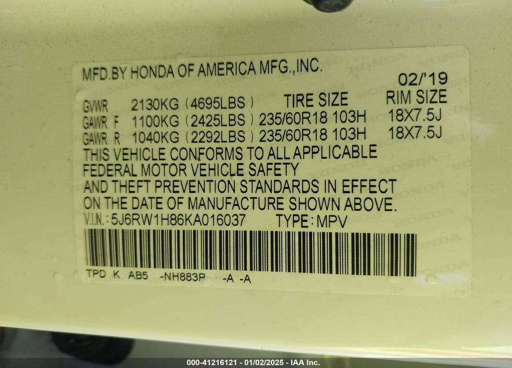 2019 HONDA CR-V EX-L VIN: 5J6RW1H86KA016037