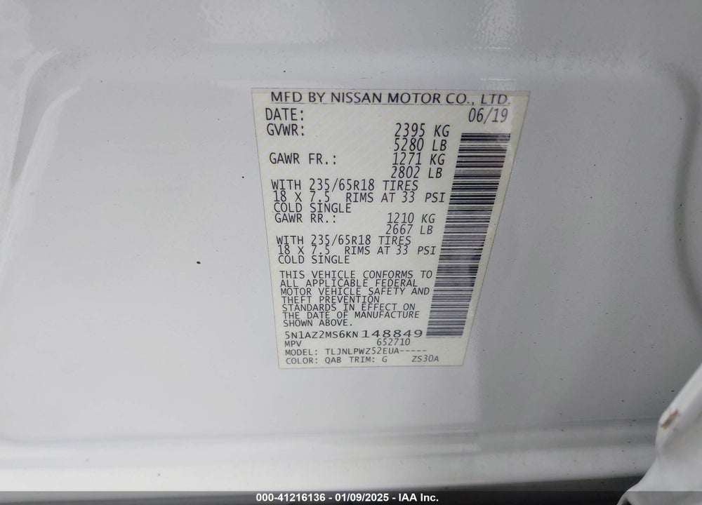2019 NISSAN MURANO VIN: 5N1AZ2MS6KN148849