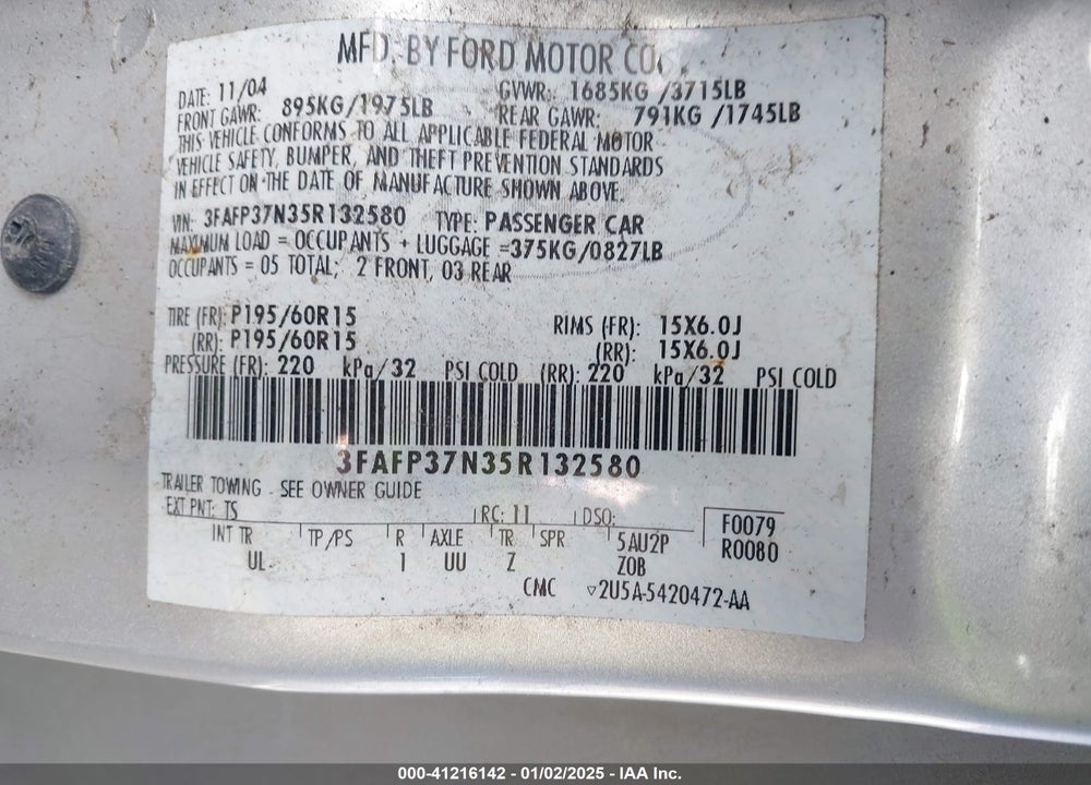 2005 FORD FOCUS ZX5 VIN: 3FAFP37N35R132580