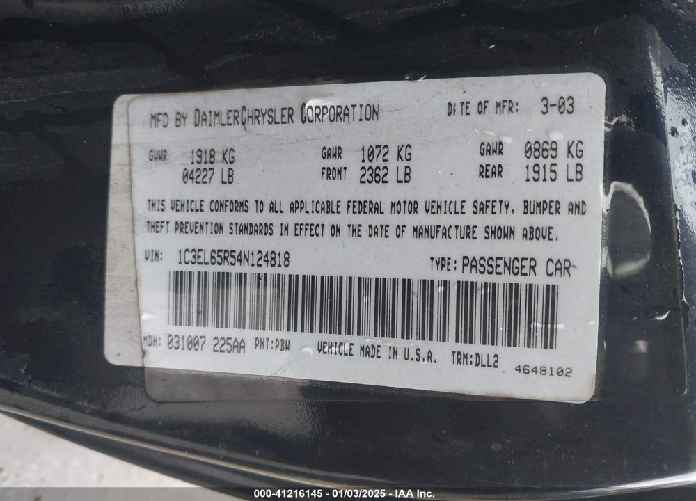 2004 CHRYSLER SEBRING LIMITED VIN: 1C3EL65R54N124818