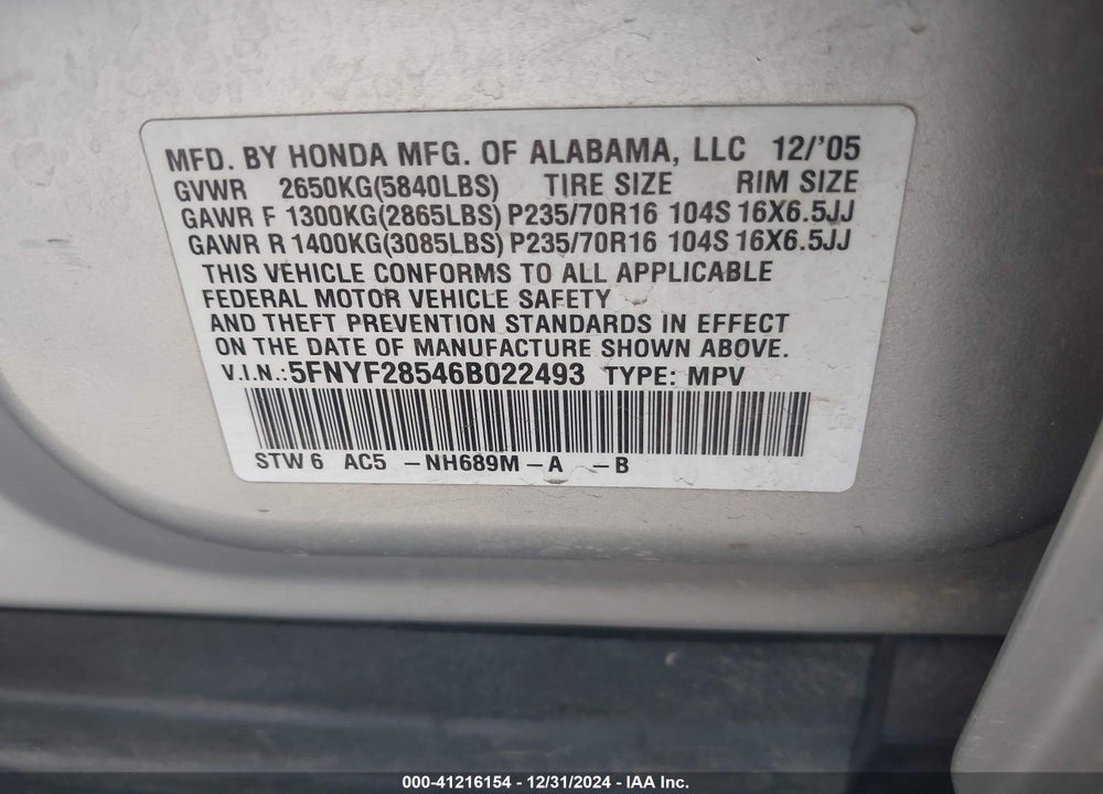 2006 HONDA PILOT EX-L VIN: 5FNYF28546B022493