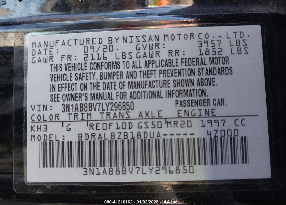 2020 NISSAN SENTRA S XTRONIC CVT VIN: 3N1AB8BV7LY296850
