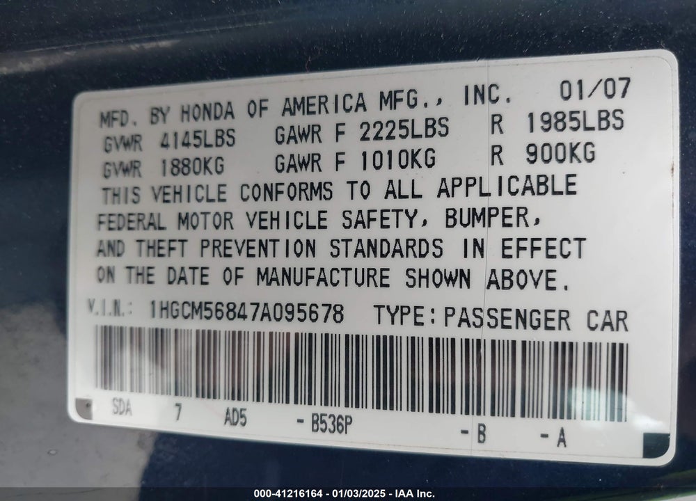 2007 HONDA ACCORD 2.4 EX VIN: 1HGCM56847A095678