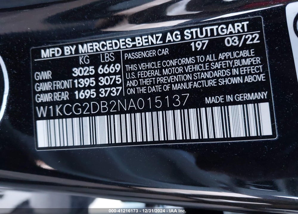 2022 MERCEDES-BENZ EQS 450 VIN: W1KCG2DB2NA015137