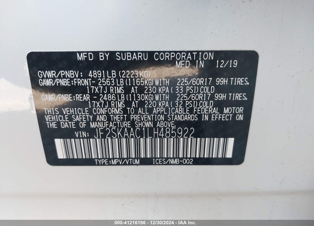 2020 SUBARU FORESTER VIN: JF2SKAAC1LH485922