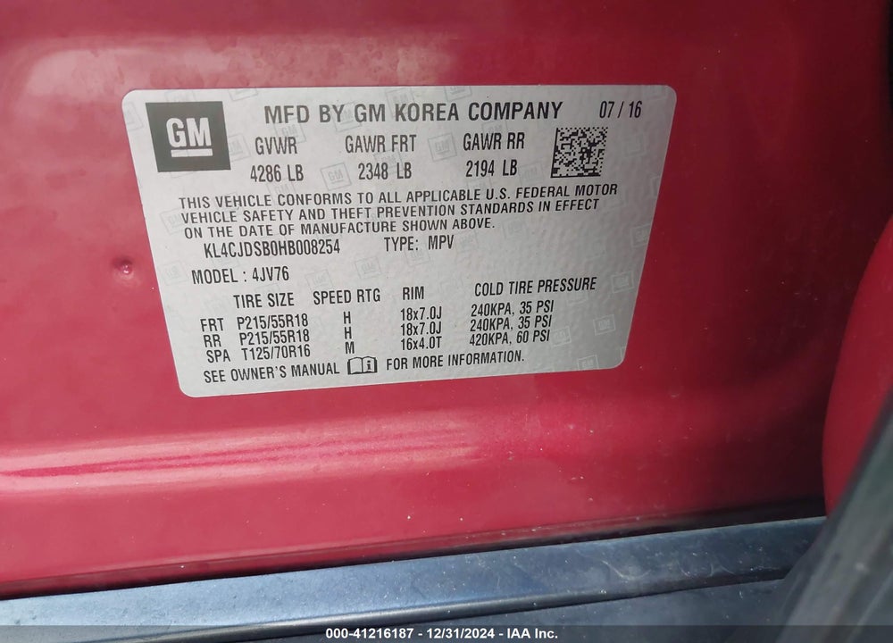 2017 BUICK ENCORE PREMIUM VIN: KL4CJDSB0HB008254