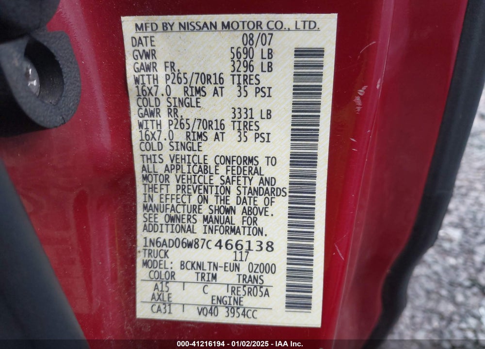 2007 NISSAN FRONTIER SE VIN: 1N6AD06W87C466138