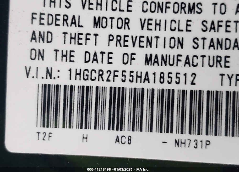 2017 HONDA ACCORD VIN: 1HGCR2F55HA185512