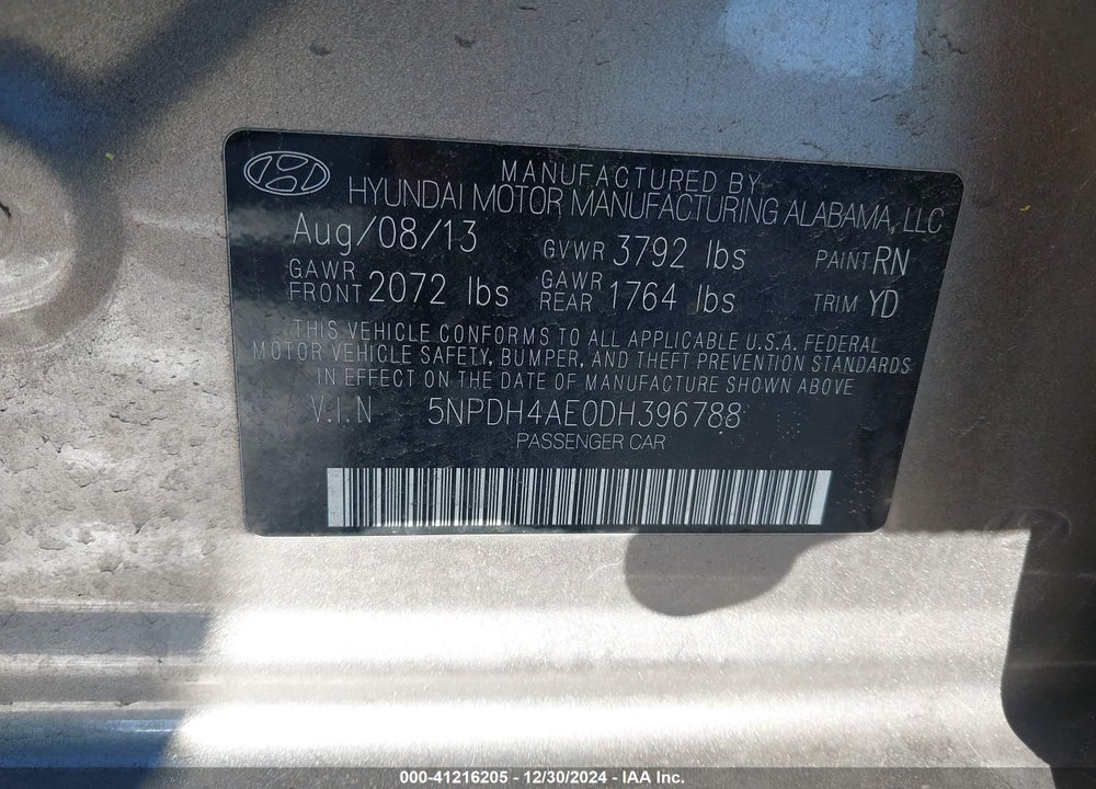 2013 HYUNDAI ELANTRA VIN: 5NPDH4AE0DH396788