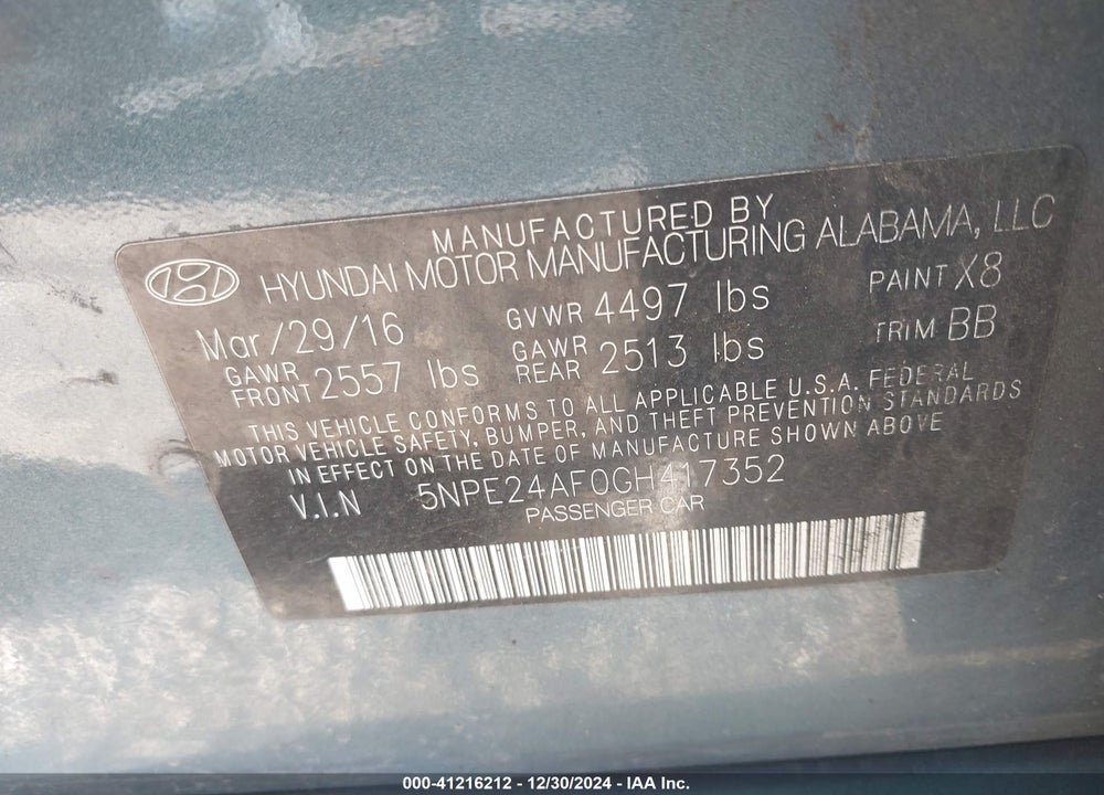 2016 HYUNDAI SONATA SE VIN: 5NPE24AF0GH417352