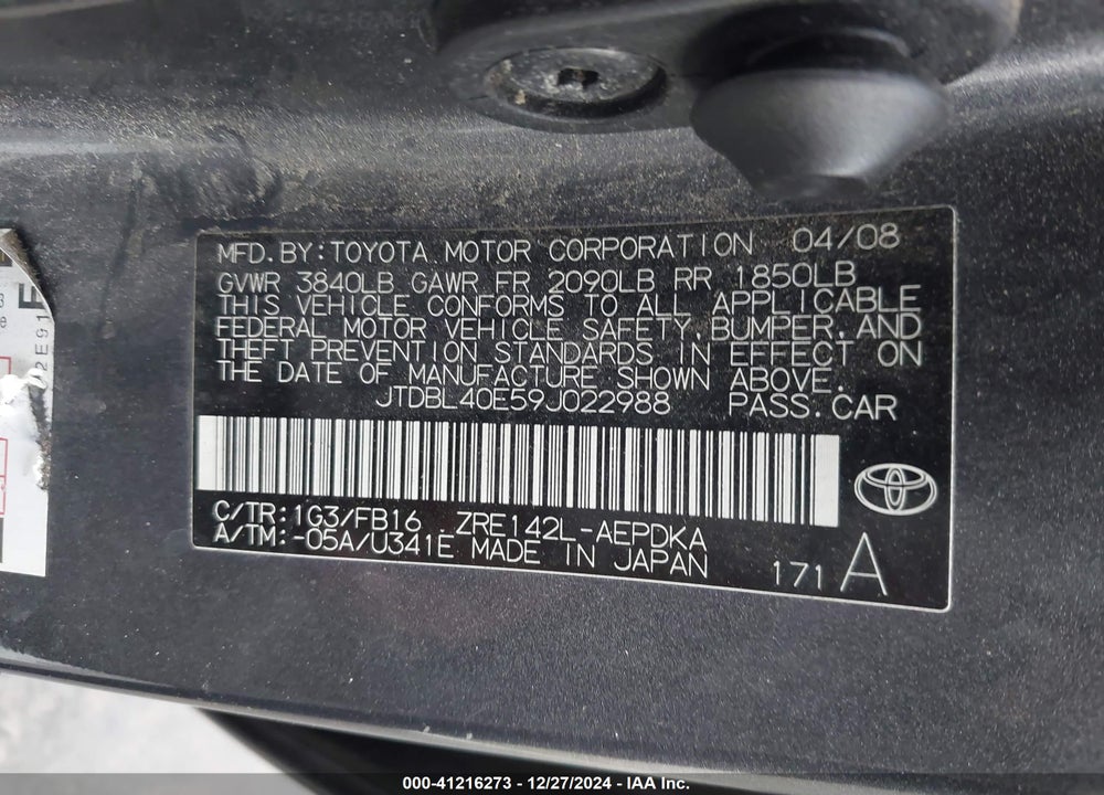 2009 TOYOTA COROLLA VIN: JTDBL40E59J022988