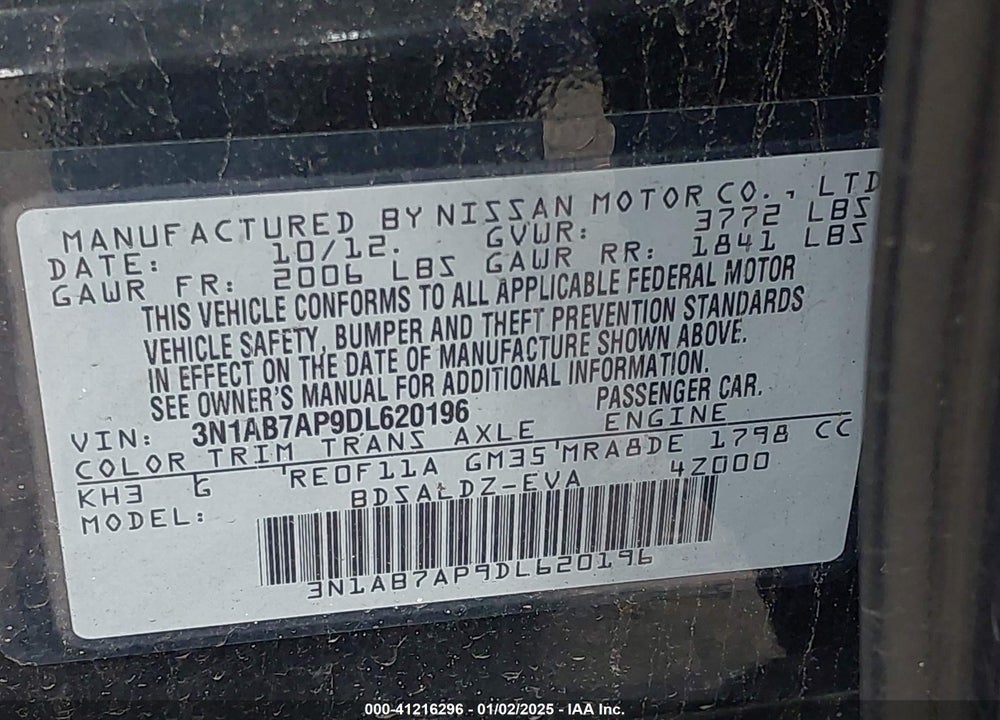 2013 NISSAN SENTRA SV VIN: 3N1AB7AP9DL620196