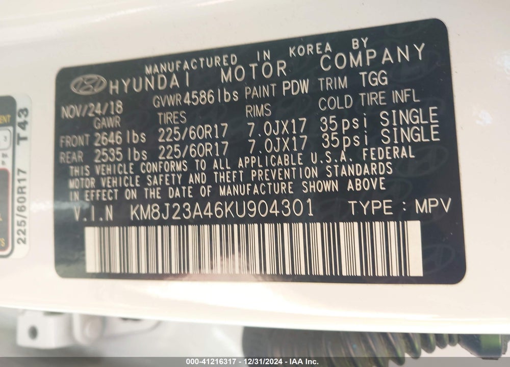 2019 HYUNDAI TUCSON SE VIN: KM8J23A46KU904301