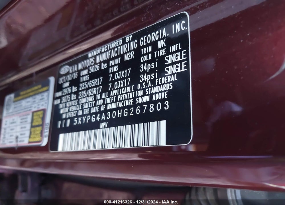 2017 KIA SORENTO 2.4L LX VIN: 5XYPG4A30HG267803