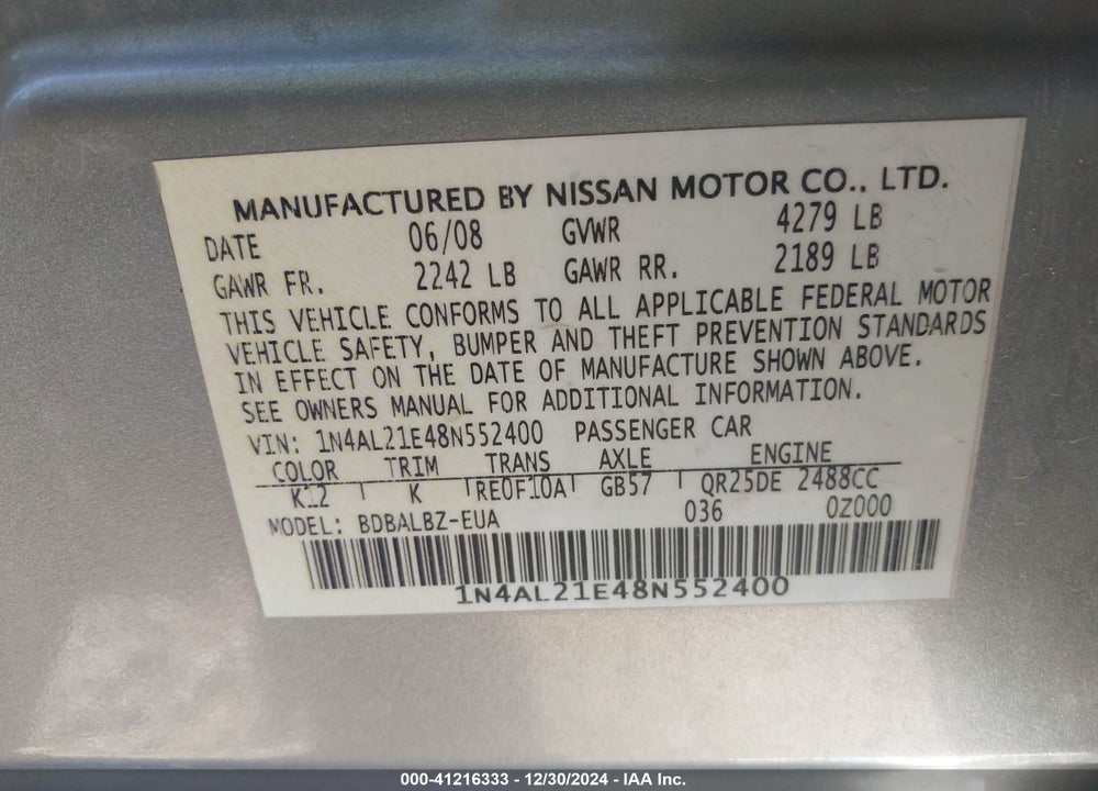 2008 NISSAN ALTIMA 2.5 S VIN: 1N4AL21E48N552400