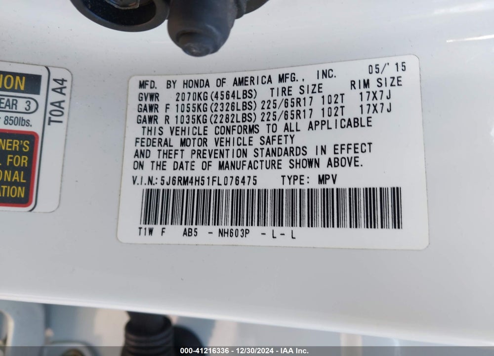 2015 HONDA CR-V EX VIN: 5J6RM4H51FL076475