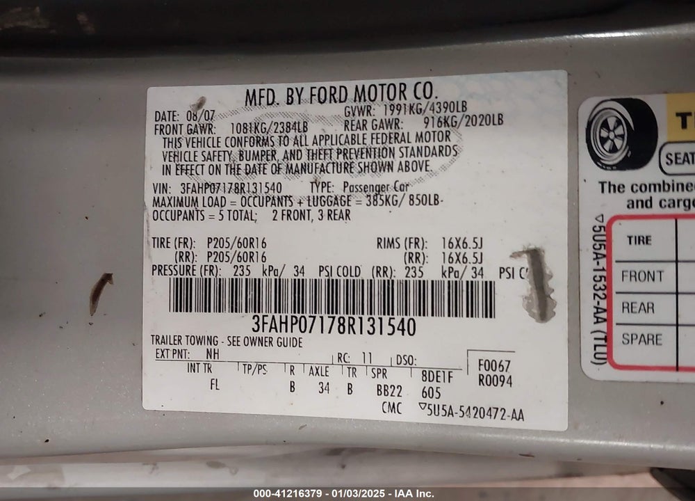 2008 FORD FUSION VIN: 3FAHP07178R131540