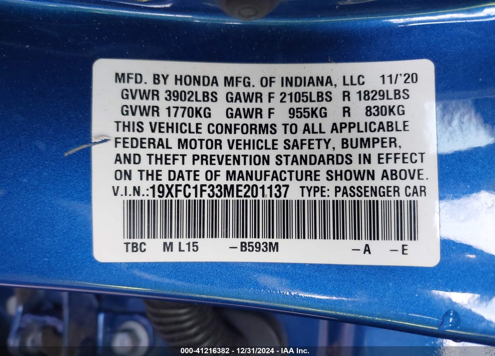 2021 HONDA CIVIC VIN: 19XFC1F33ME201137