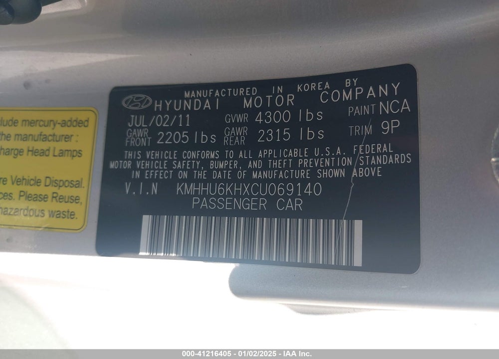 2012 HYUNDAI GENESIS VIN: KMHHU6KHXCU069140