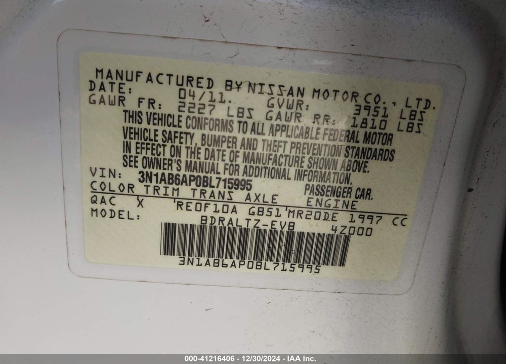 2011 NISSAN SENTRA VIN: 3N1AB6AP0BL715995
