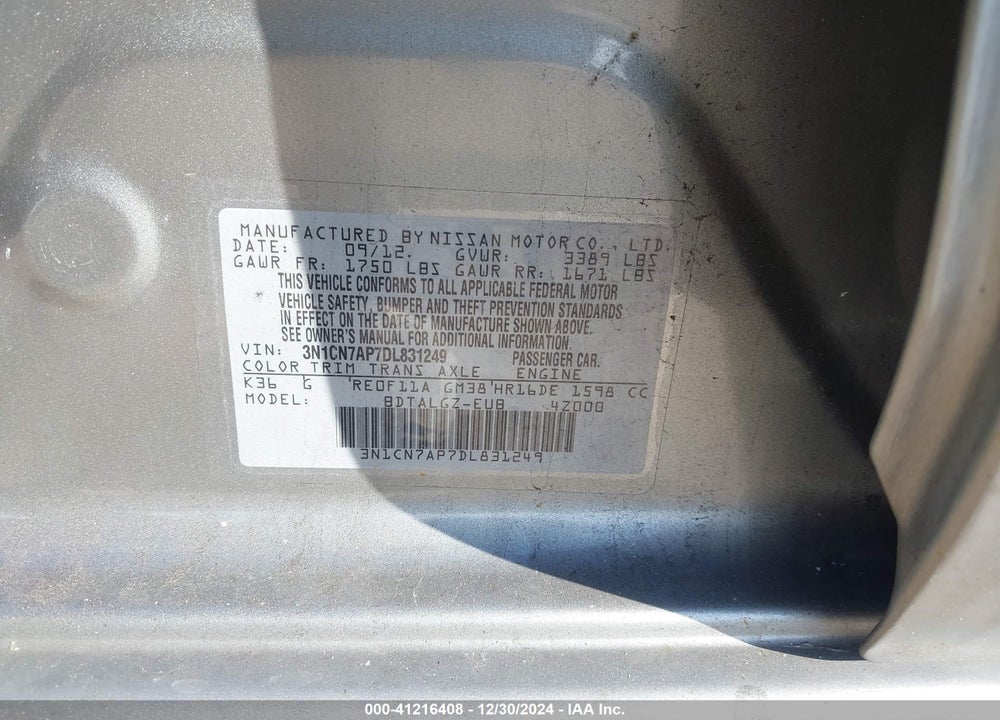 2013 NISSAN VERSA VIN: 3N1CN7AP7DL831249