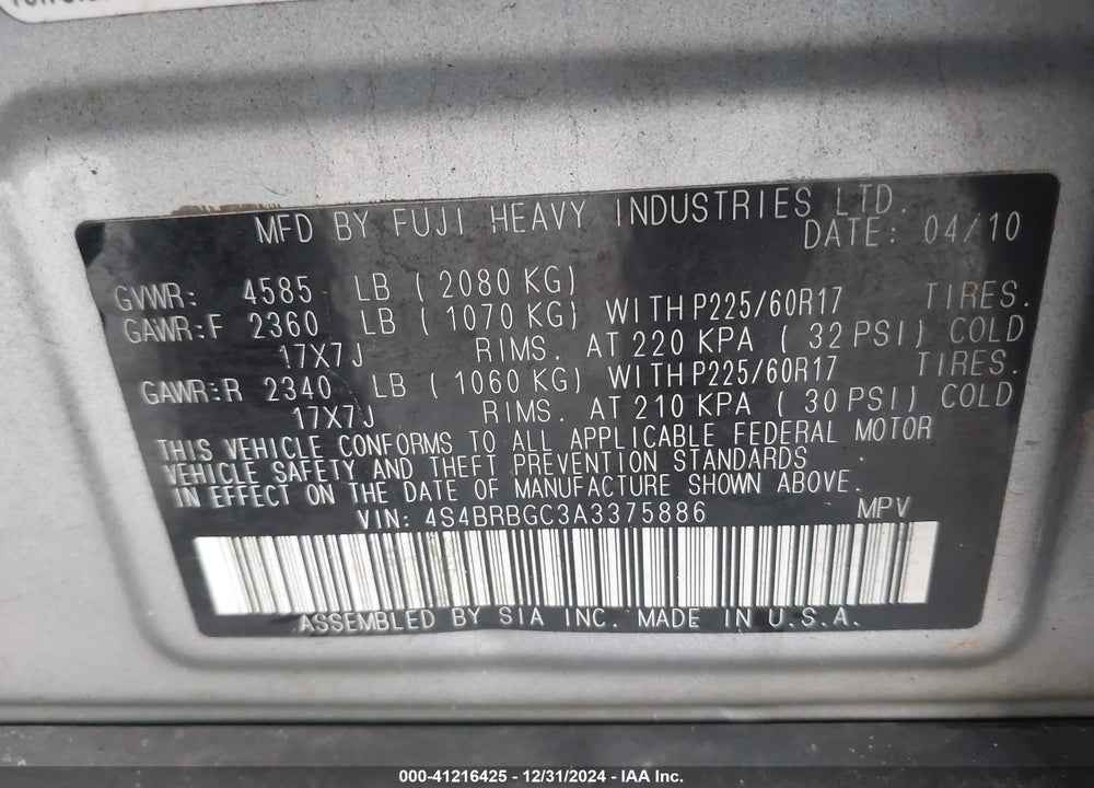 2010 SUBARU OUTBACK 2.5I PREMIUM VIN: 4S4BRBGC3A3375886