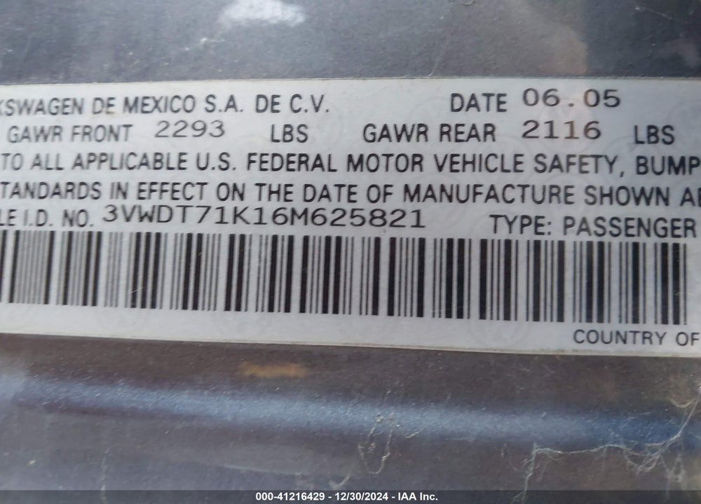 2006 VOLKSWAGEN JETTA TDI VIN: 3VWDT71K16M625821