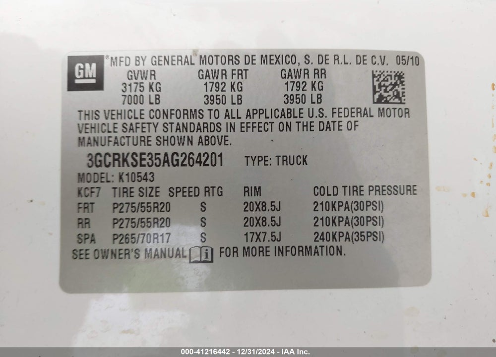 2010 CHEVROLET SILVERADO VIN: 3GCRKSE35AG264201