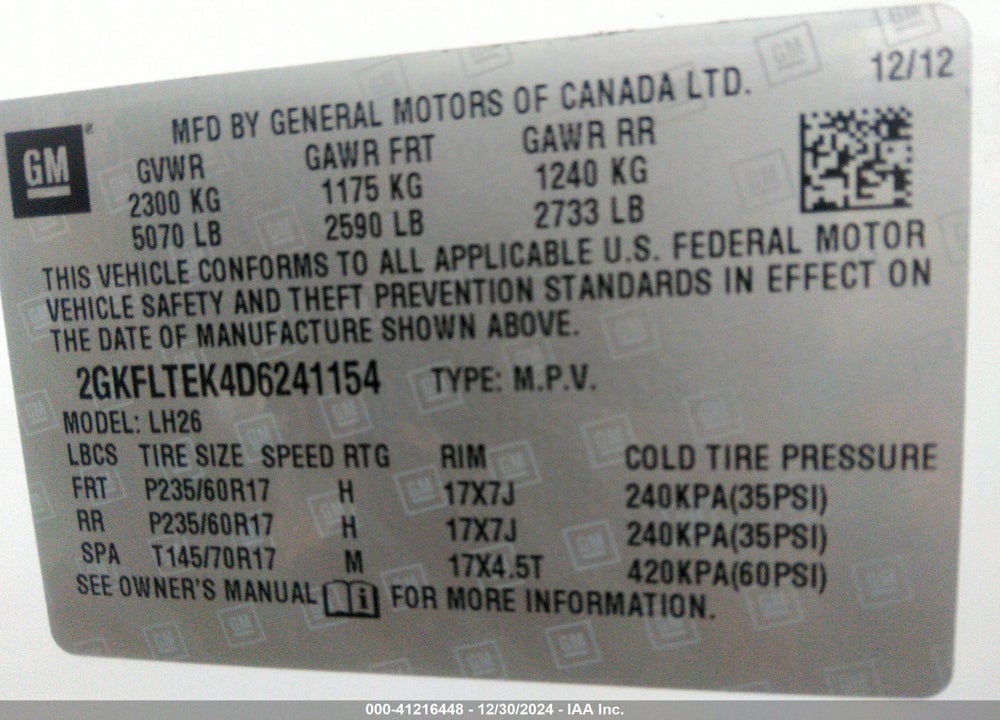 2013 GMC TERRAIN SLE-2 VIN: 2GKFLTEK4D6241154