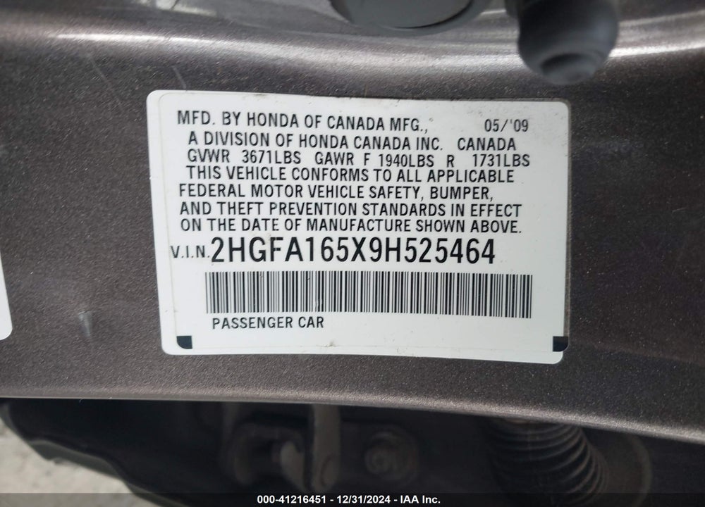 2009 HONDA CIVIC VIN: 2HGFA165X9H525464