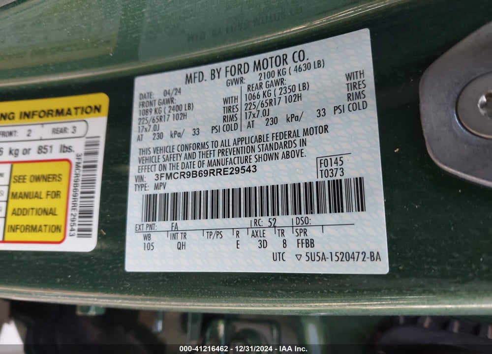 2024 FORD BRONCO SPORT VIN: 3FMCR9B69RRE29543