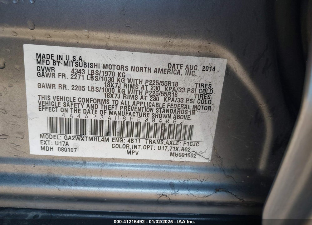 2015 MITSUBISHI OUTLANDER SPORT ES VIN: 4A4AP3AU8FE004062
