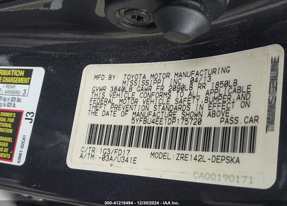 2013 TOYOTA COROLLA S VIN: 5YFBU4EE1DP175720