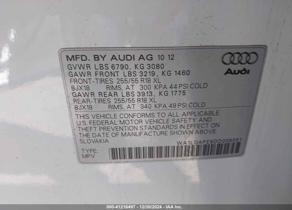 2013 AUDI Q7 3.0T PREMIUM VIN: WA1LGAFE9DD006051
