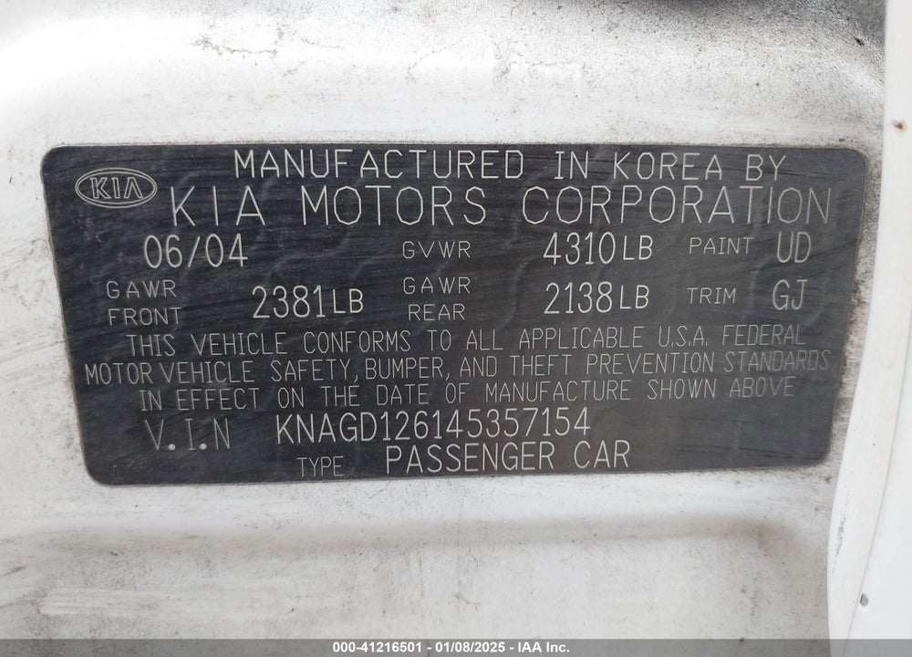 2004 KIA OPTIMA EX/LX VIN: KNAGD126145357154