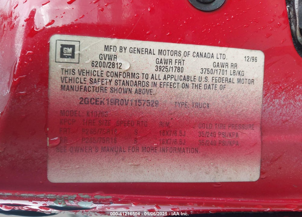 1997 CHEVROLET K1500 FLEETSIDE VIN: 2GCEK19R0V1157529