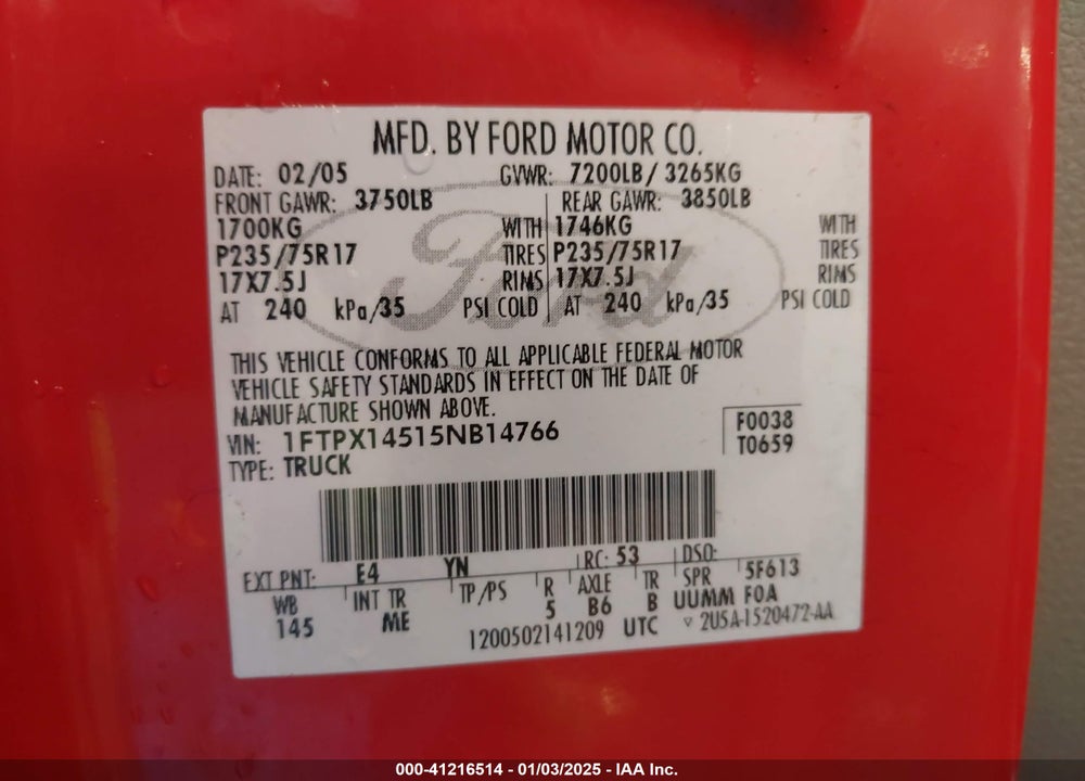 2005 FORD F-150 FX4/LARIAT/XL/XLT VIN: 1FTPX14515NB14766