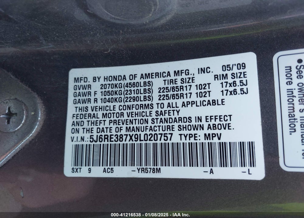 2009 HONDA CR-V VIN: 5J6RE387X9L020757