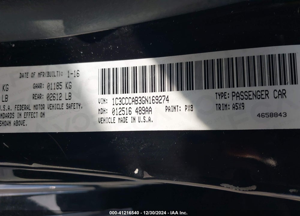 2016 CHRYSLER 200 LIMITED VIN: 1C3CCCAB3GN169274